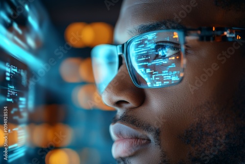 A close-up image of a person wearing glasses reflecting digital codes, symbolizing the synergy between human insight and technological advances. photo