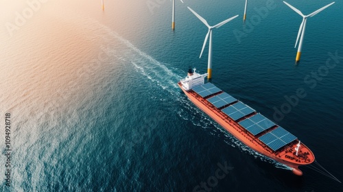 A cargo ship with solar panels sails through water, surrounded by wind turbines, highlighting renewable energy and maritime transport.