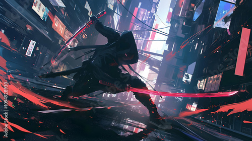 The Shadow Warrior Wields a Glowing Red Katana in a Futuristic City
