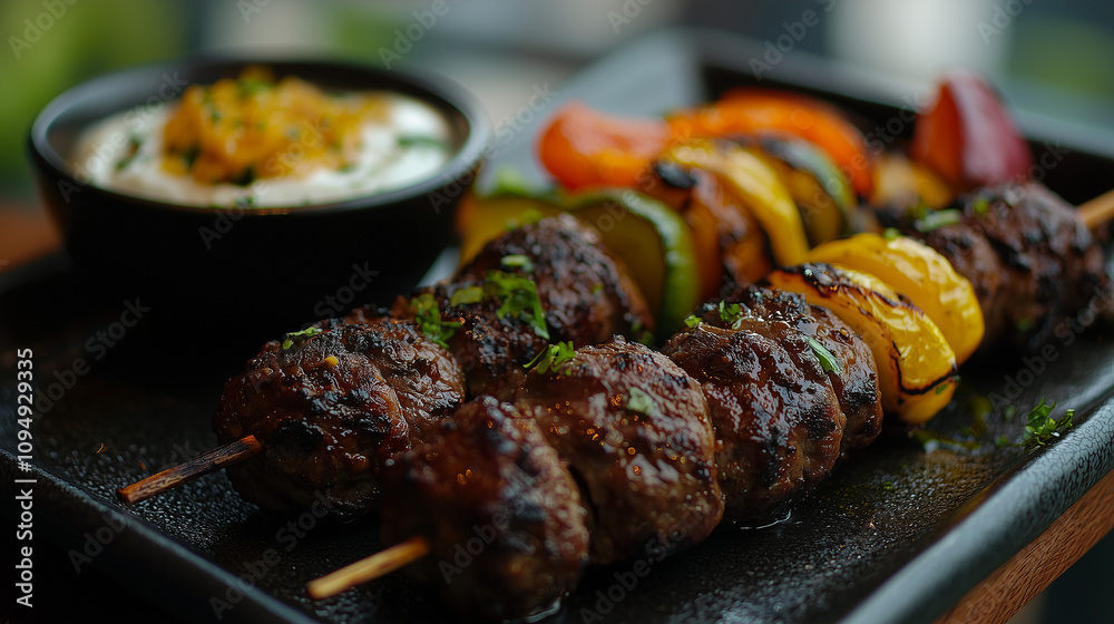 sumptuous grilled lamb kebabs with colorful vegetables on a modern black platter with white sauce