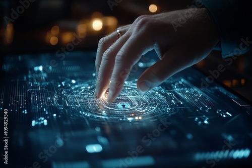 A hand hovering over a digital lock symbol on a touchscreen embodies the modern-day importance of access control and cybersecurity measures, ensuring data integrity.