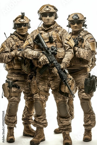 Three soldiers, camouflage uniforms, rifles, tactical gear.