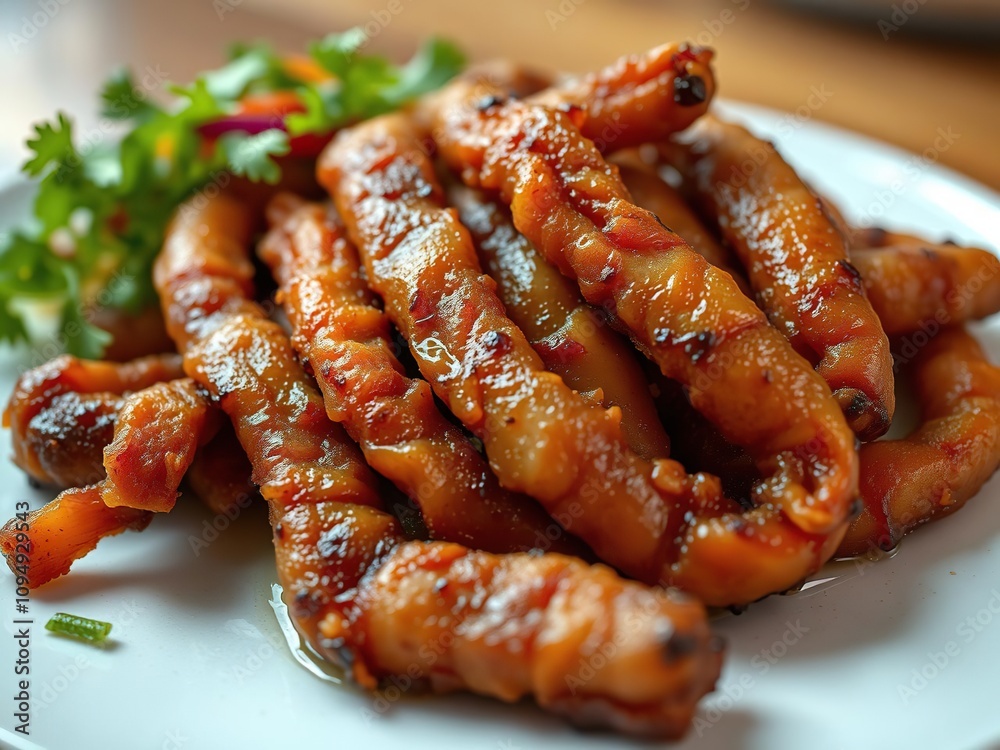 Close-up of crispy fried pork intestine on a plate with garnish, Crispy friedCrispy fried pork intestine on a plate with sCrispy fried pork intestine on a plate with soy sauce, close-up, plate Close-up of crispy fried pork intestine on a plate with garnish, Crispy friedCrispy fried pork intestine on a plate with sCrispy fried pork intestine on a plate with soy sauce, close-up, plate