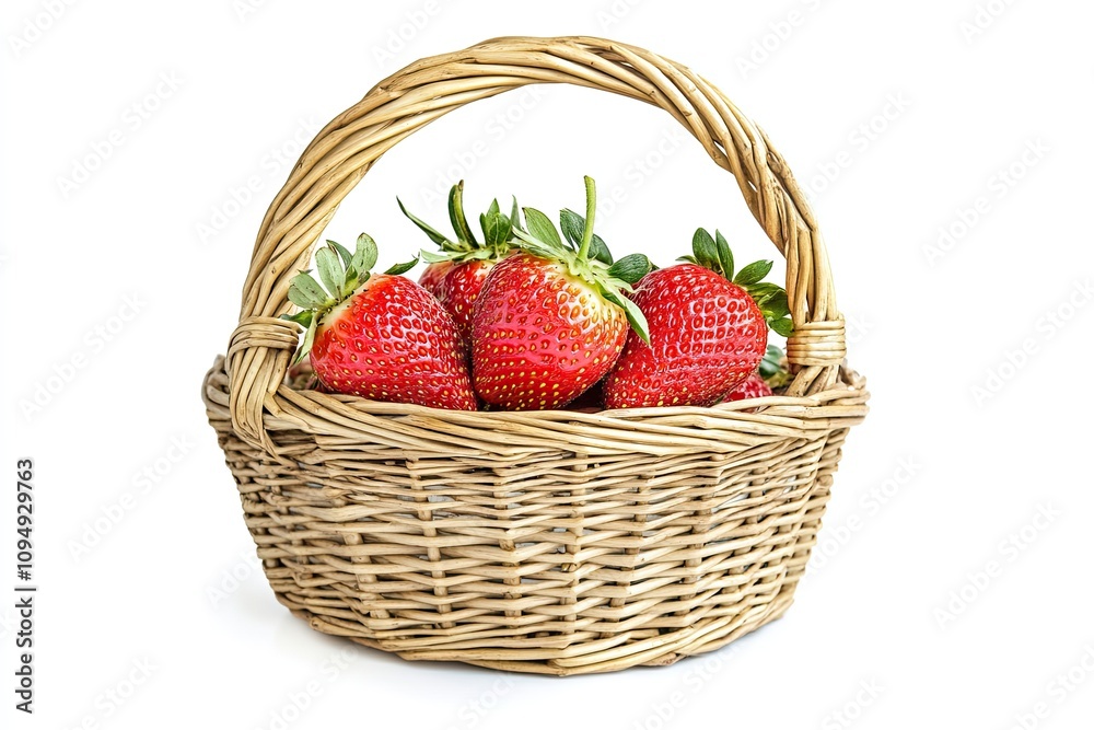 Fresh ripe red strawberry in wicker basket isolated on white background Fresh ripe red strawberry in wicker basket isolated on white background