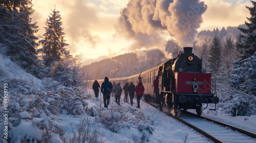 A group of friends hike through Germany's Harz National Park. A steam train chugs through snowy scenery on its way to Brocken, a famous mountain in the Harz region.