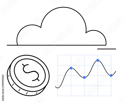 Cloud icon above dollar coin and line graph with blue markers. Ideal for finance, cloud computing, data analytics, economics, investment strategies, technology integration, business growth. Line