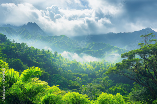 Lush Tropical Jungle Landscape with Misty Green Mountains and Dense Vegetation.