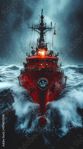 A red Coast Guard ship navigating through stormy seas, showcasing bravery and resilience in harsh conditions, representing the vital role of rescue missions, maritime safety, and the strength of the C photo