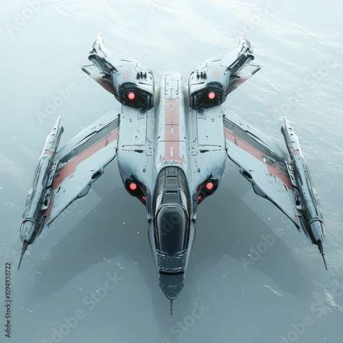 Futuristic spaceship floats on calm water. photo