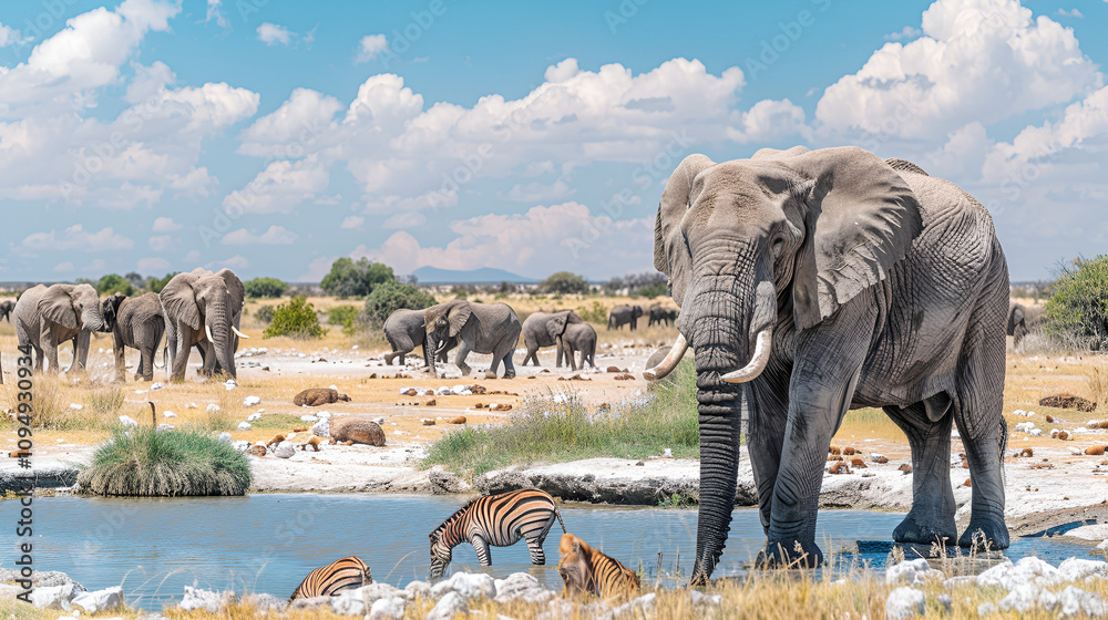 Fototapeta premium Panoramic african animals scenery. Huge African