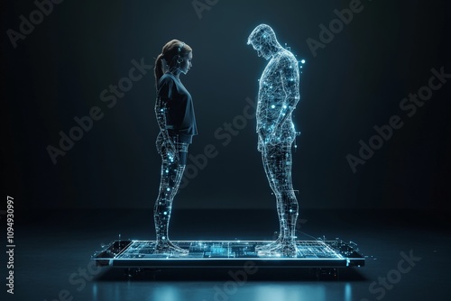 A woman stands face to face with a digital hologram man embodying technology and virtual reality concepts in a futuristic, immersive environment. photo