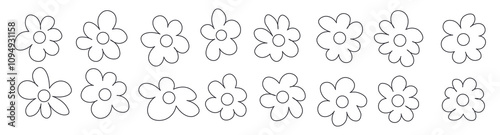 Set of simple flowers in doodle groovy style in vector on white background. Element for stickers icons decoration postcards poster print background backdrop wrapping wallpaper banner