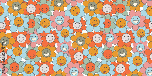 Seamless pattern with flowers with faces in doodle groovy style in vector. Element for decoration postcards poster print background backdrop wrapping wallpaper banner