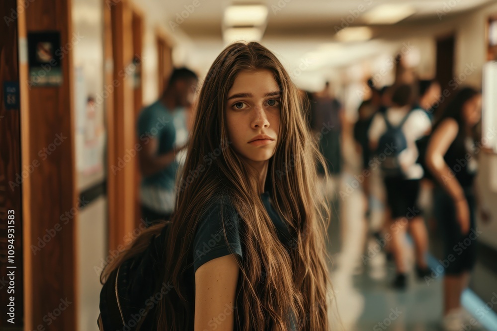 Obraz premium A young woman with long brown hair stands in the school hallway, looking sad and lonely as she is bullied by a group of students.