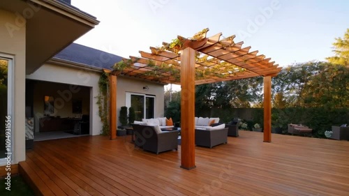 The exterior of a house with a spacious backyard, featuring a wooden deck with a patio area and an attached pergola, creating a perfect outdoor retreat.
