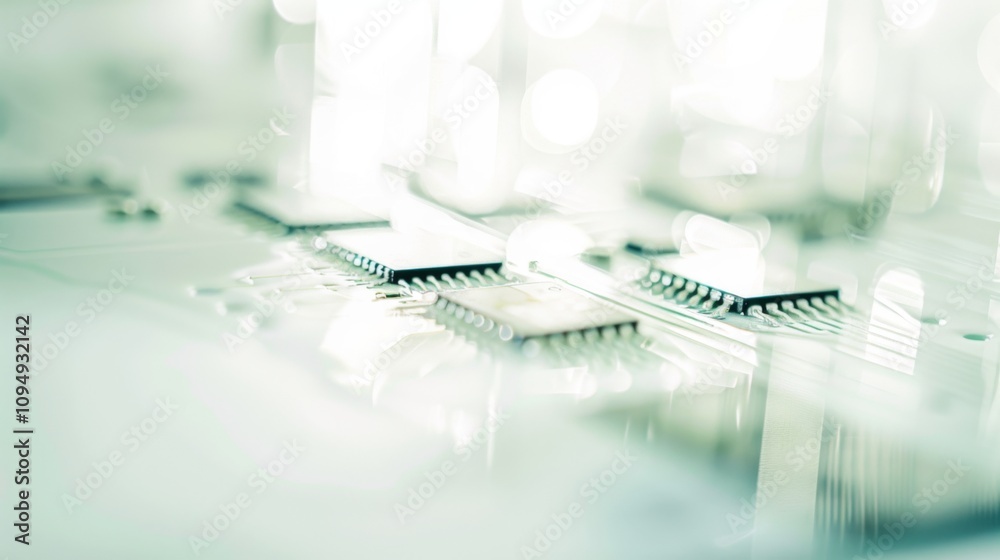 Close-up of semiconductor chip with detailed electronic components and circuits on clean white background, ideal for tech and engineering projects.