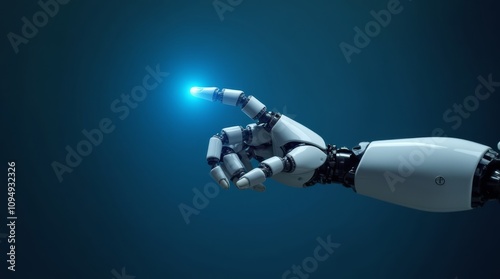 Robot's hand presses on a bright dot on a blue background.