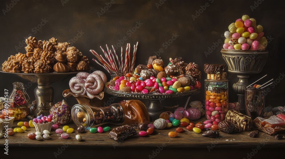 Fototapeta premium A vibrant array of candies and sweets is showcased on a rustic wooden table. The setup features various bowls filled with chocolates, gummies, and dried fruits, creating a tempting treat for visitors.