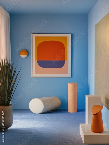 Abstract Artwork Decorates Modern Blue Room Interior