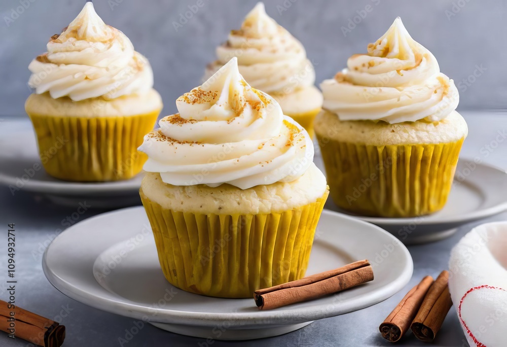 A plate of eggnog cupcakes with frosting and a sprinkle of nutmeg on top A plate of eggnog cupcakes with frosting and a sprinkle of nutmeg on top