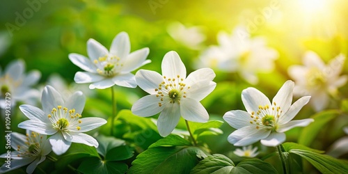 Closeup of Delicate White Flowers Blooming Amongst Lush Green Leaves, Capturing the Essence of Spring's Beauty in Nature's Vibrant Palette