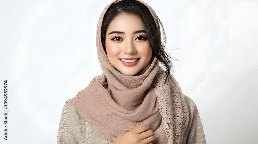 A Portrait of a Young Woman Wearing a Light Brown Hijab Against a White Background, Smiling with a Soft and Gentle Expression