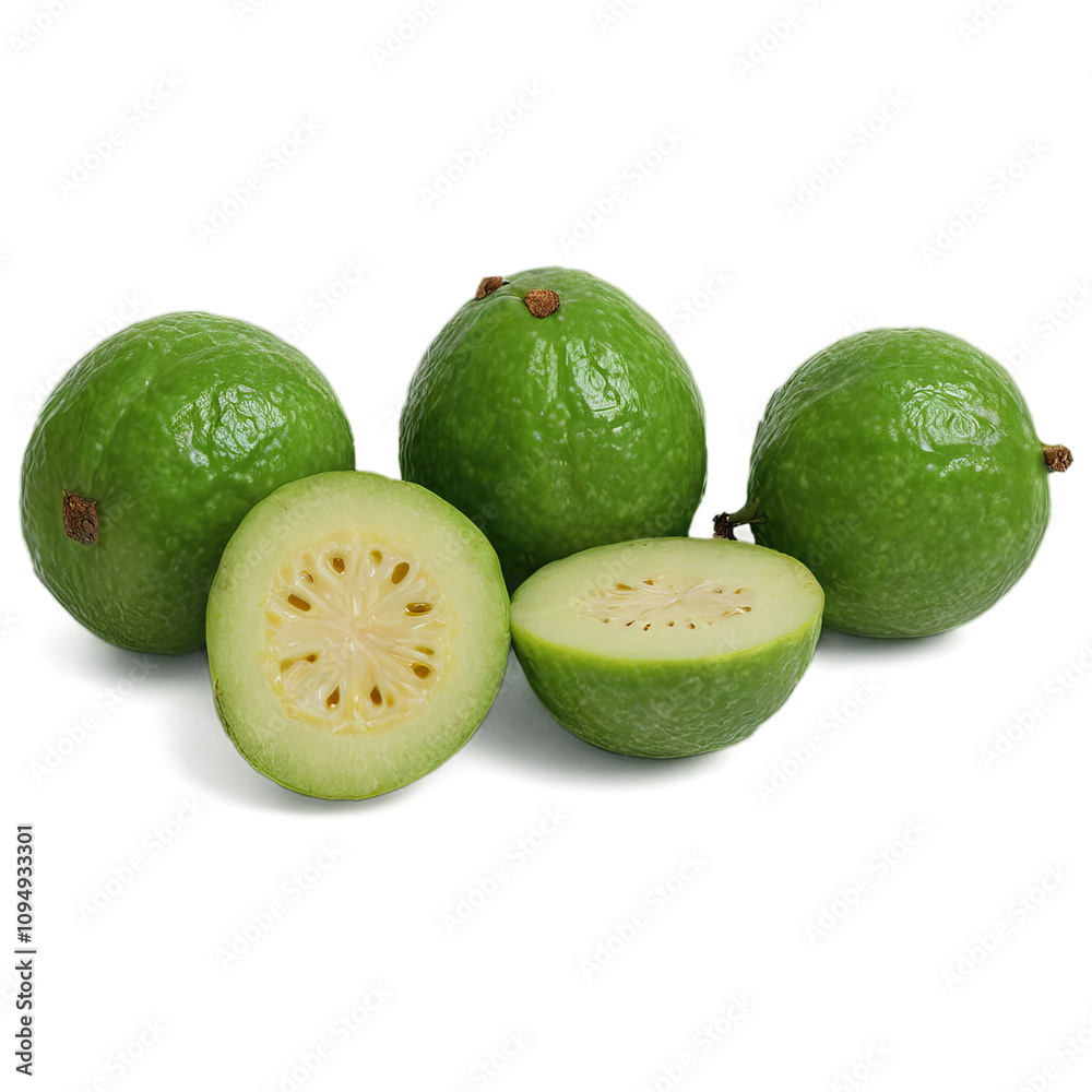 Close-up of three whole and two halved feijoa fruits. Their vibrant green skin and pale yellow flesh are highlighted against a black background. Close-up of three whole and two halved feijoa fruits. Their vibrant green skin and pale yellow flesh are highlighted against a black background.