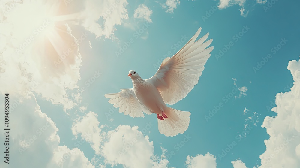 White Dove Flying In Blue Clouds As A Symbol Of Peace And Love, Generative AI White Dove Flying In Blue Clouds As A Symbol Of Peace And Love, Generative AI