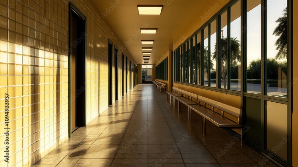 Serene school corridor at sunset modern architecture calm atmosphere Serene school corridor at sunset modern architecture calm atmosphere