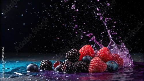 Dark berry splash on a juicy black background with vibrant purple undertones and slight blue tint, fruitlovers, deepcolors, , darkberry, photo