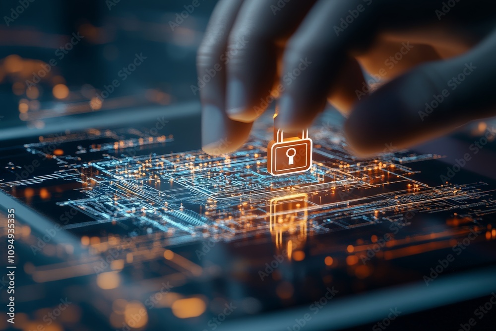 A hand interacts with a futuristic digital interface, prominently featuring a lock symbol that signifies security, technology, and digital privacy in modern life. A hand interacts with a futuristic digital interface, prominently featuring a lock symbol that signifies security, technology, and digital privacy in modern life.