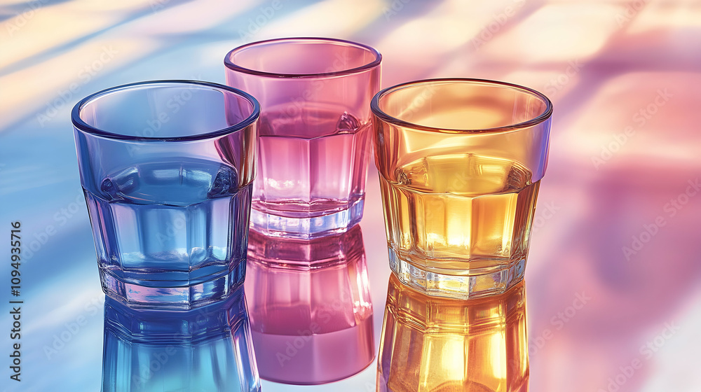 Three Colorful Glass Tumblers Filled with Liquid Resting on a Holographic Surface, Reflecting the Colors of the Surface Three Colorful Glass Tumblers Filled with Liquid Resting on a Holographic Surface, Reflecting the Colors of the Surface