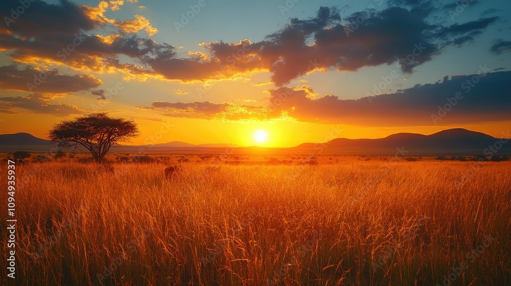 A vibrant sunset over a grassy landscape, showcasing nature's beauty and tranquility. A vibrant sunset over a grassy landscape, showcasing nature's beauty and tranquility.