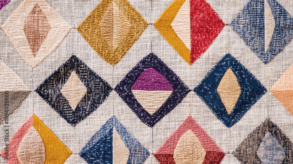 A colorful quilt featuring diamond shapes in various hues and textures. A colorful quilt featuring diamond shapes in various hues and textures.