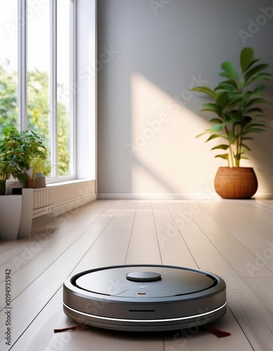  Robot vacuum cleaner operating in a bright indoor space photo