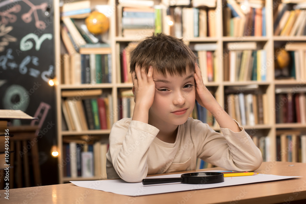A curious child sitting in a library or classroom, with a stack of books in the background and school supplies on the desk, radiating joy and enthusiasm for learning