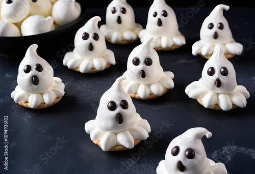 A plate of meringue ghost treats with chocolate chips for eyes and mouth, decorated for Halloween. photo