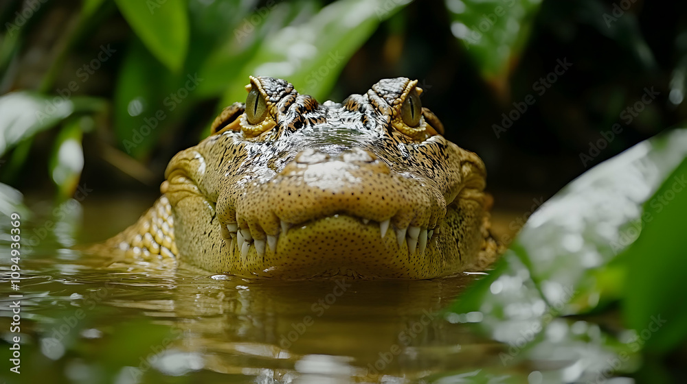 Fototapeta premium A Close-Up View of a Crocodile's Face, Partially Submerged in Water with Green Foliage in the Background, Showing Sharp Teeth and a Powerful Jaw