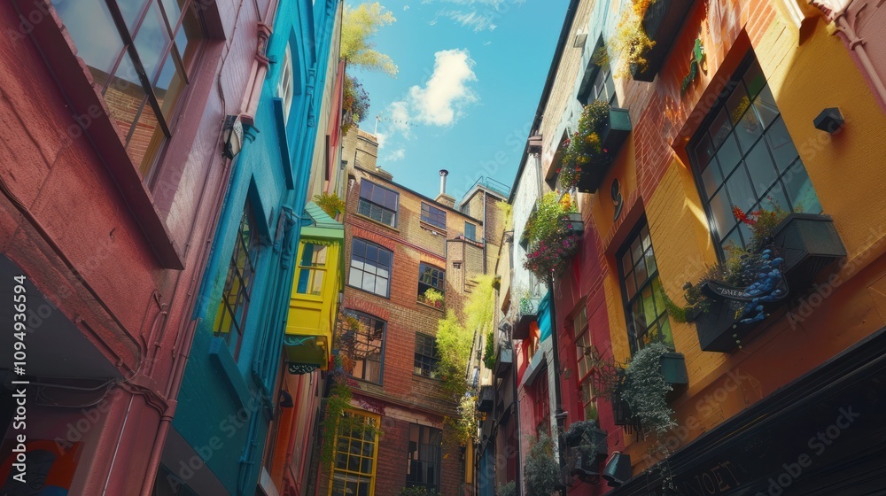 Fototapeta premium Brightly colored buildings , a small alley in Covent Garden.