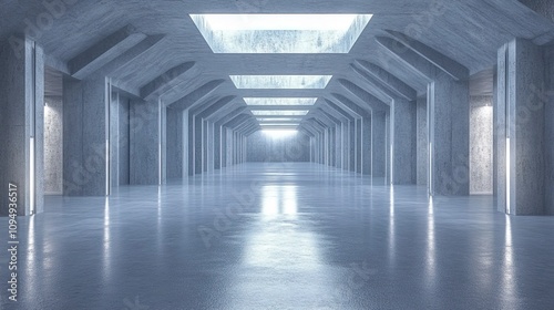 futuristic Modern Sci Fi Concrete Hallway Corridor Tunnel Warehouse Underground Garage Grunge Dark Empty Reflection Showcase Stage White Blue Glow Spaceship 3D Rendering.