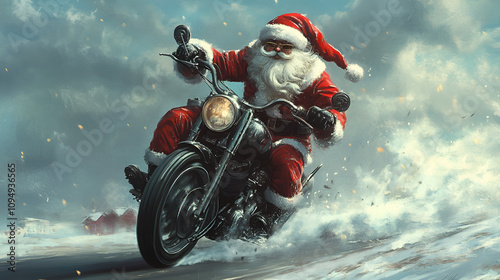 Santa Claus is seen riding a motorcycle through a snowy landscape, blending traditional holiday themes with a modern twist