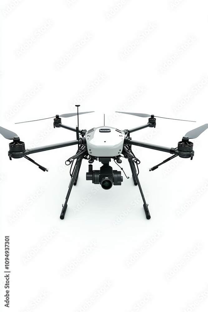 White drone with black camera, eight propellers. White drone with black camera, eight propellers.