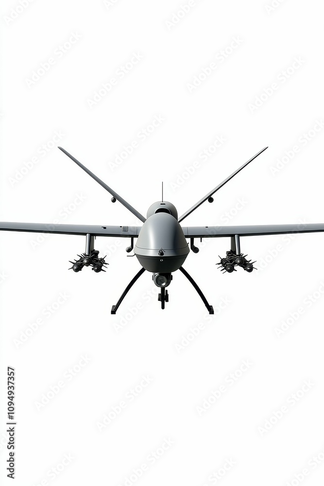 Fototapeta premium Armed drone, front view, white background.