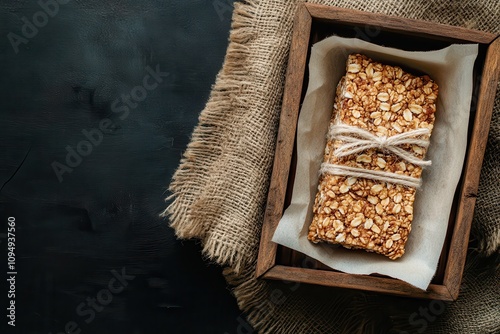 Granola Bars in Wooden Box with Rustic Cloth photo