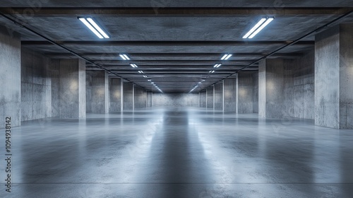 futuristic Modern Sci Fi Concrete Hallway Corridor Tunnel Warehouse Underground Garage Grunge Dark Empty Reflection Showcase Stage White Blue Glow Spaceship 3D Rendering.