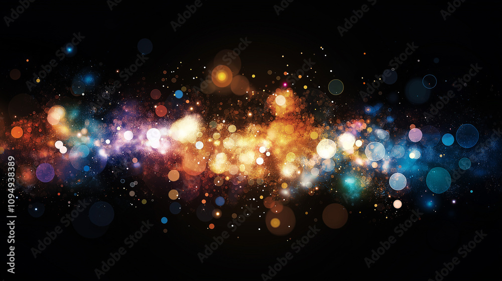 Fototapeta premium Cosmic Sparkles: Abstract Background of vibrant, colorful bokeh lights swirling in a dark universe. Perfect for adding a touch of magic and wonder to your designs. 