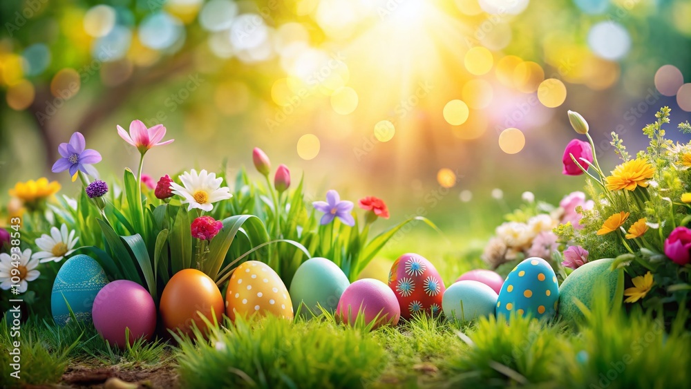 Colorful Easter Eggs in a Garden Setting with Copy Space for Spring Celebrations and Festive Greetings, Perfect for Easter-Themed Cards and Decorations Colorful Easter Eggs in a Garden Setting with Copy Space for Spring Celebrations and Festive Greetings, Perfect for Easter-Themed Cards and Decorations