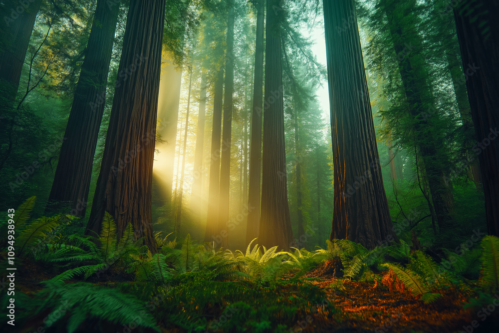 Vibrant Redwood Forest with Sunlight Streaming Through Tall Trees and Ferns. Vibrant Redwood Forest with Sunlight Streaming Through Tall Trees and Ferns.