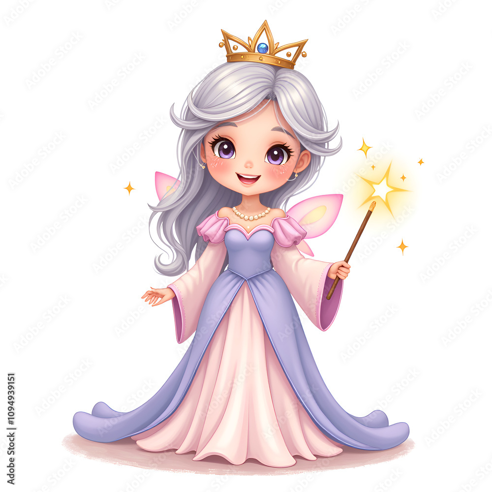 Whimsical fairy queen with sparkling wand and magical crown, digital illustration of fantasy character design concept. Whimsical fairy queen with sparkling wand and magical crown, digital illustration of fantasy character design concept.