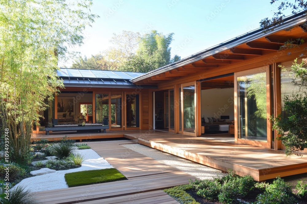 Modern wooden house with large windows and a serene garden.